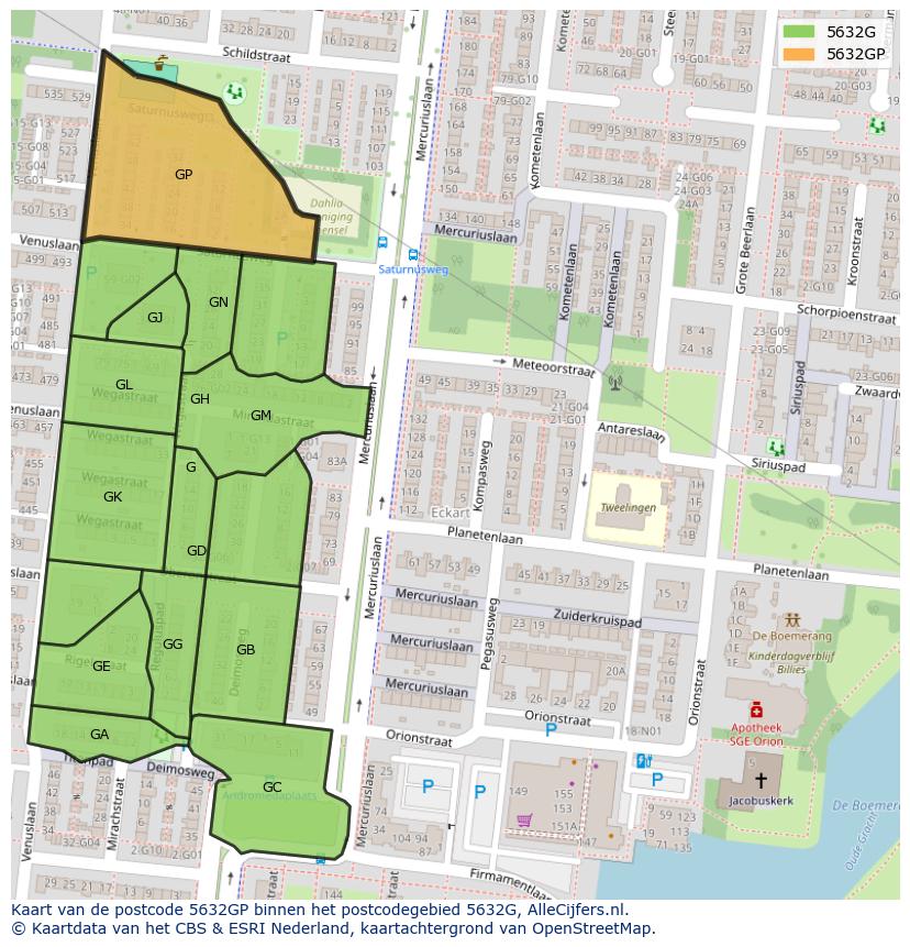 Afbeelding van het postcodegebied 5632 GP op de kaart.