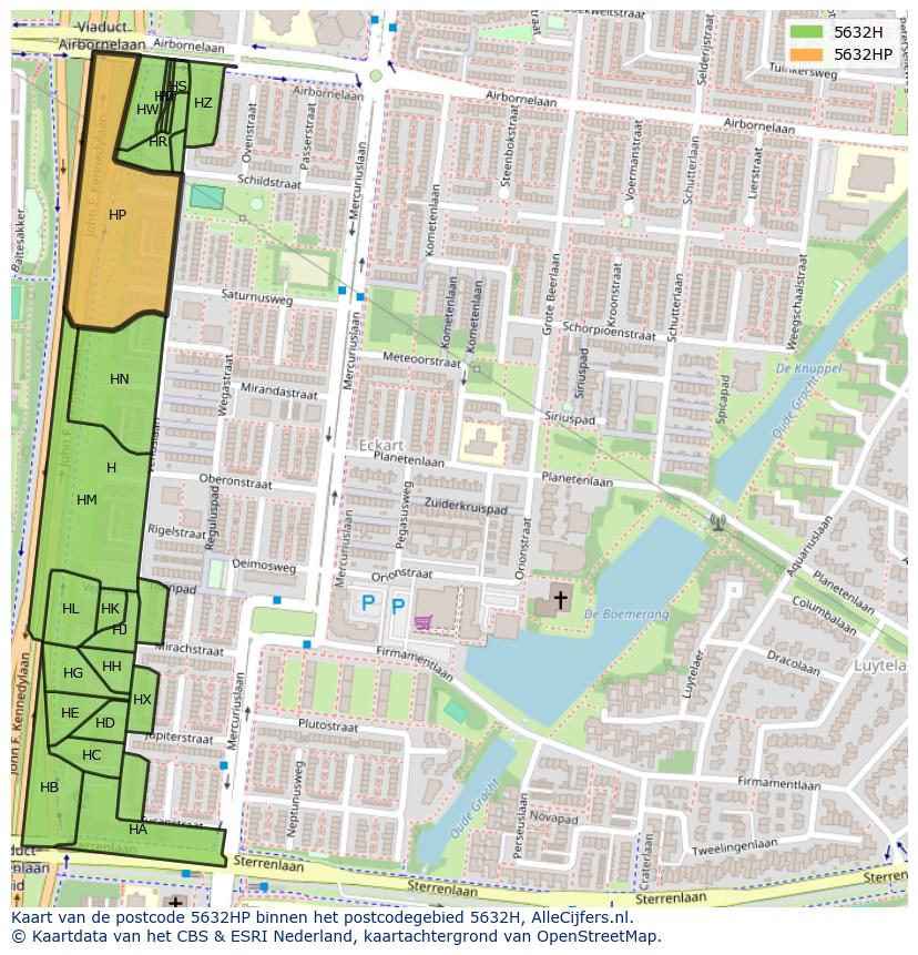Afbeelding van het postcodegebied 5632 HP op de kaart.