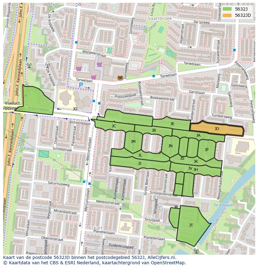 Afbeelding van het postcodegebied 5632 JD op de kaart.