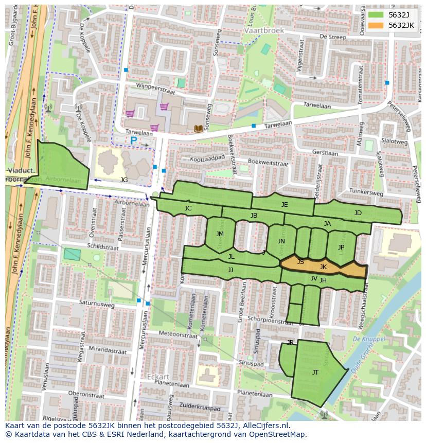 Afbeelding van het postcodegebied 5632 JK op de kaart.