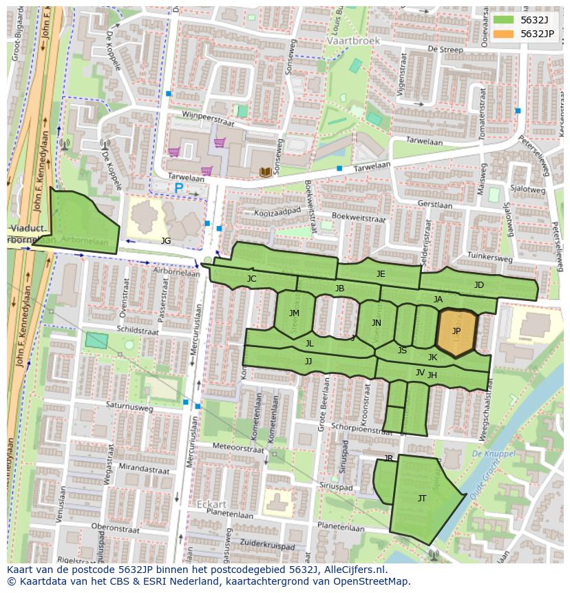 Afbeelding van het postcodegebied 5632 JP op de kaart.