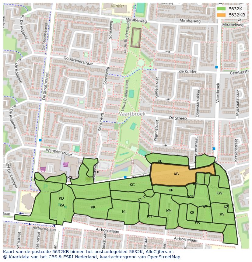 Afbeelding van het postcodegebied 5632 KB op de kaart.