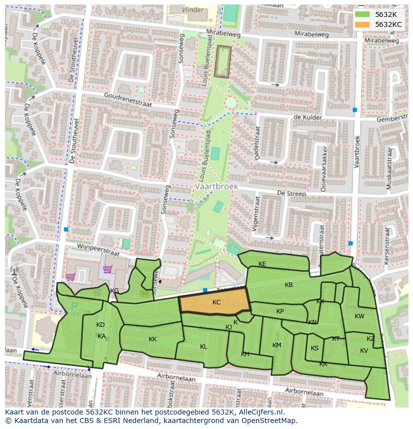 Afbeelding van het postcodegebied 5632 KC op de kaart.