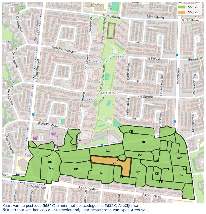 Afbeelding van het postcodegebied 5632 KJ op de kaart.