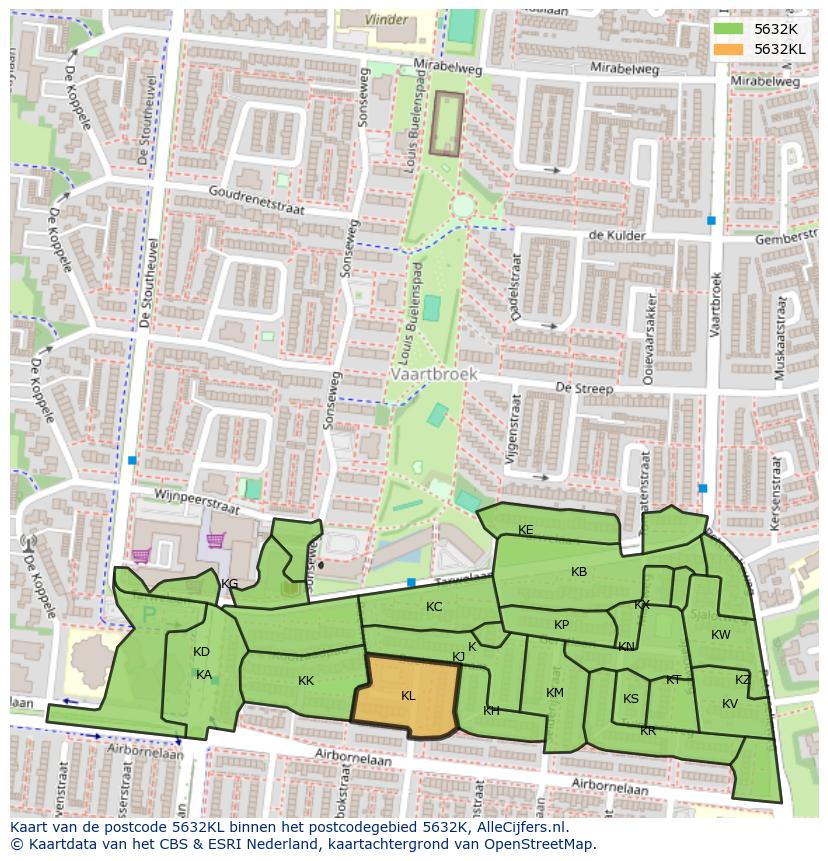 Afbeelding van het postcodegebied 5632 KL op de kaart.