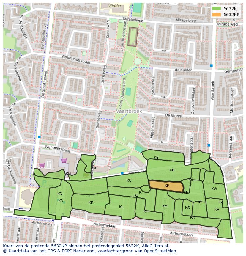Afbeelding van het postcodegebied 5632 KP op de kaart.