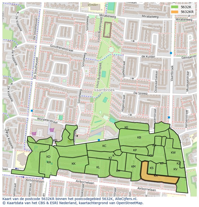 Afbeelding van het postcodegebied 5632 KR op de kaart.