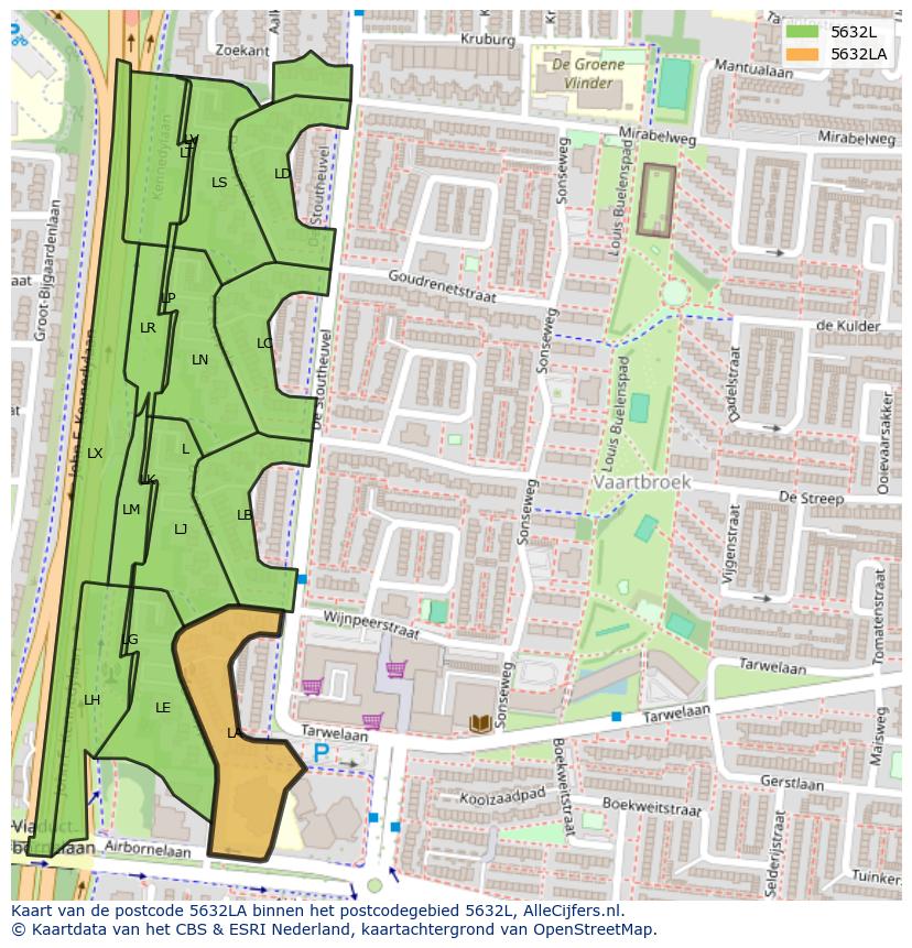 Afbeelding van het postcodegebied 5632 LA op de kaart.