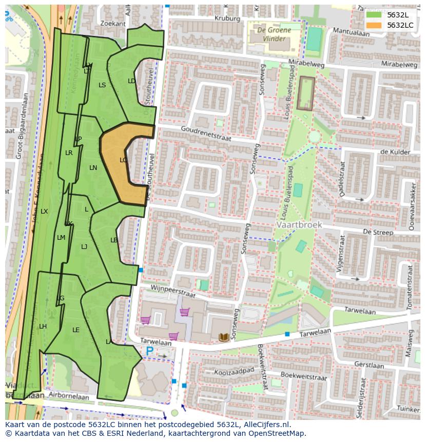 Afbeelding van het postcodegebied 5632 LC op de kaart.