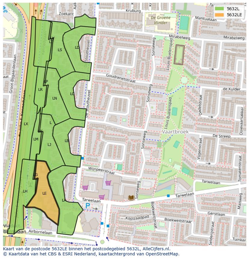 Afbeelding van het postcodegebied 5632 LE op de kaart.