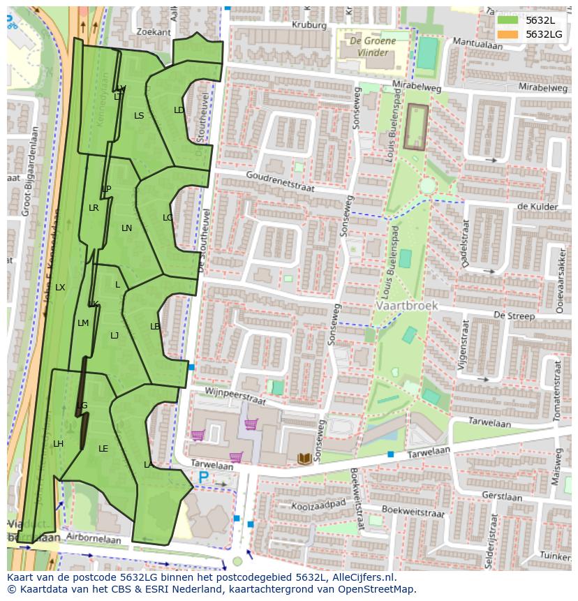 Afbeelding van het postcodegebied 5632 LG op de kaart.