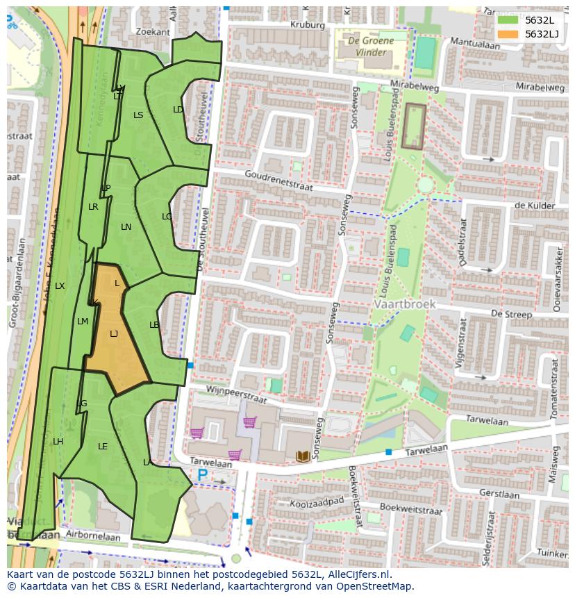 Afbeelding van het postcodegebied 5632 LJ op de kaart.