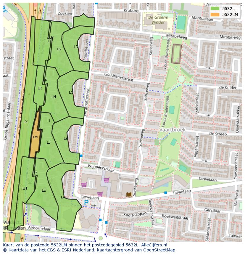 Afbeelding van het postcodegebied 5632 LM op de kaart.