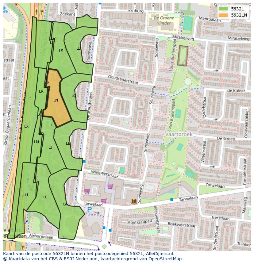 Afbeelding van het postcodegebied 5632 LN op de kaart.