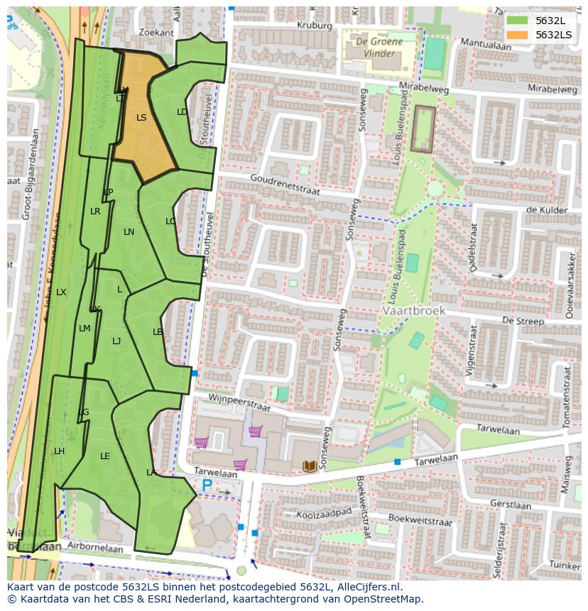 Afbeelding van het postcodegebied 5632 LS op de kaart.