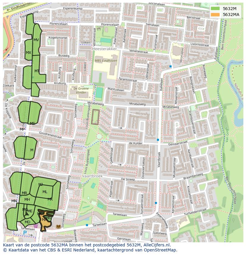 Afbeelding van het postcodegebied 5632 MA op de kaart.