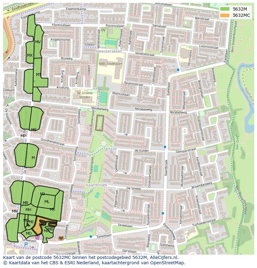 Afbeelding van het postcodegebied 5632 MC op de kaart.