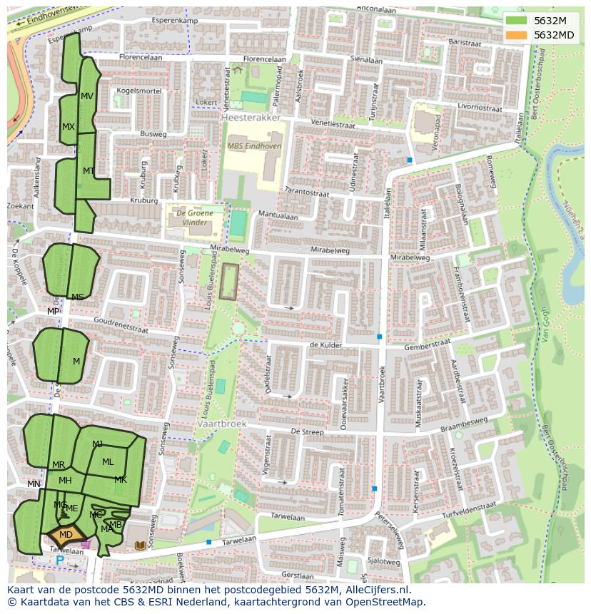 Afbeelding van het postcodegebied 5632 MD op de kaart.