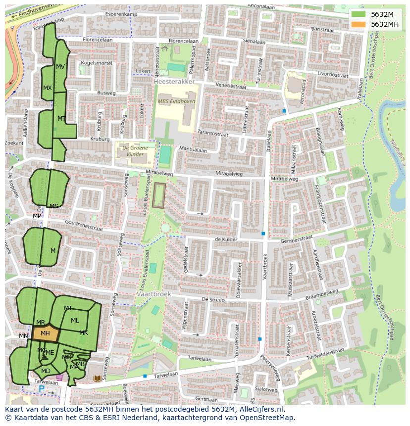 Afbeelding van het postcodegebied 5632 MH op de kaart.