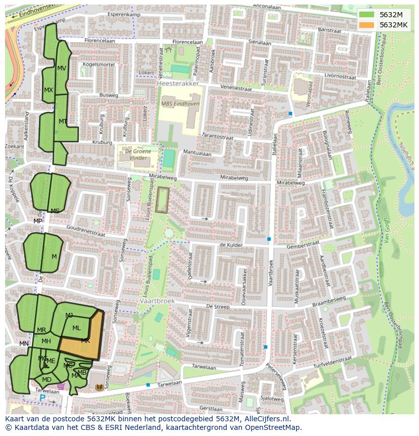Afbeelding van het postcodegebied 5632 MK op de kaart.