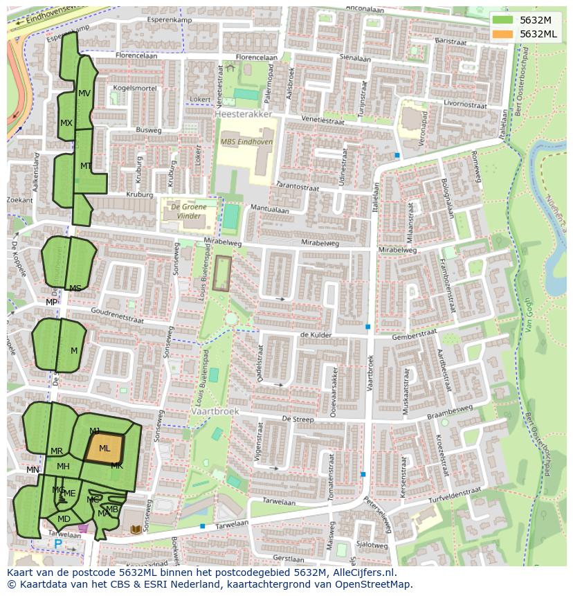 Afbeelding van het postcodegebied 5632 ML op de kaart.