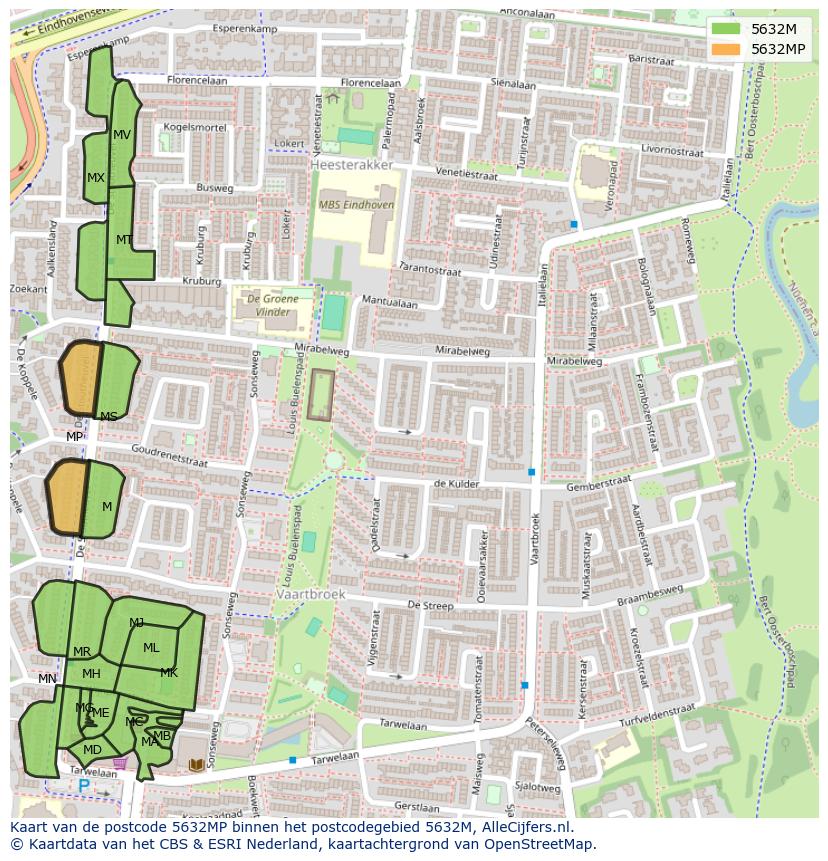 Afbeelding van het postcodegebied 5632 MP op de kaart.