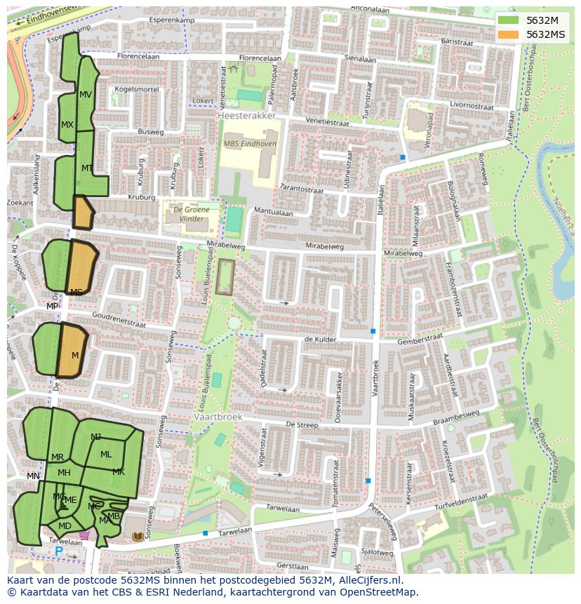 Afbeelding van het postcodegebied 5632 MS op de kaart.