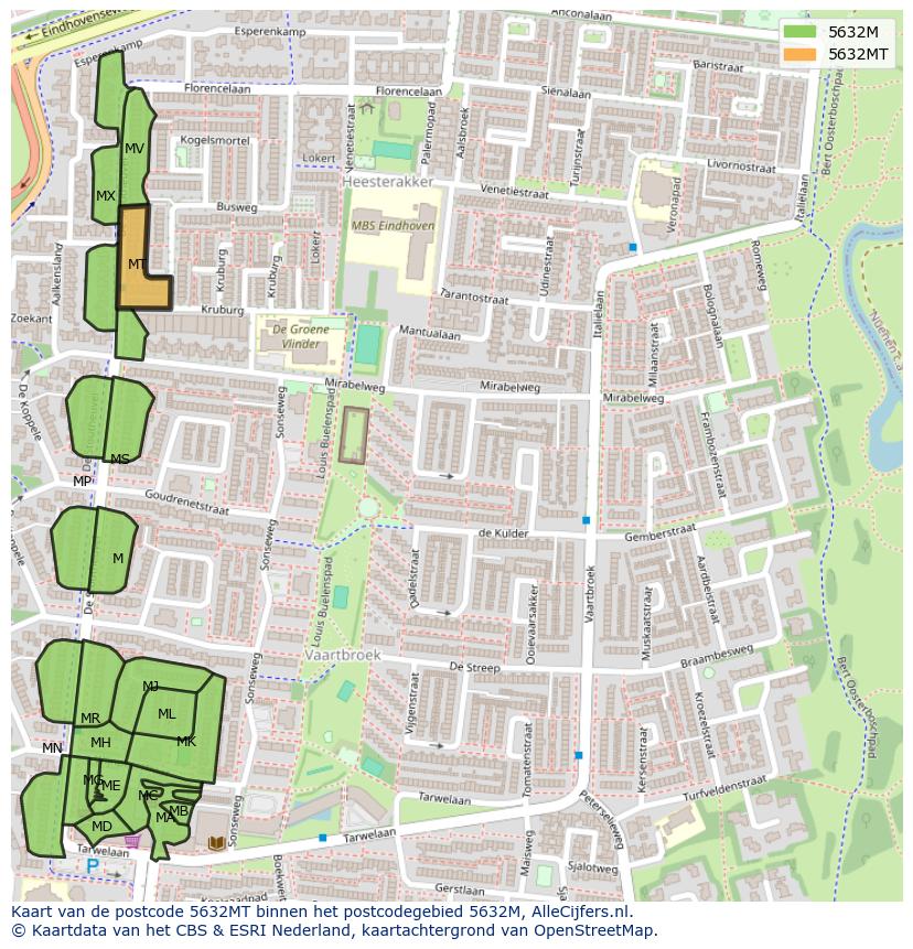 Afbeelding van het postcodegebied 5632 MT op de kaart.