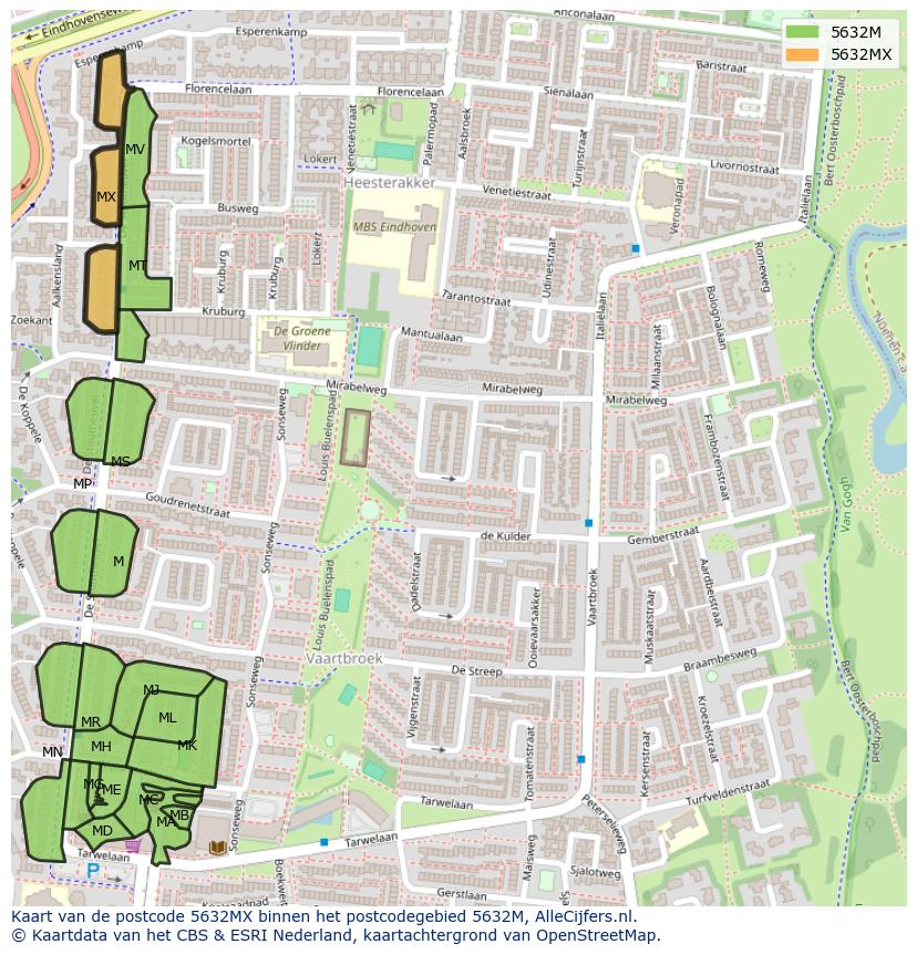 Afbeelding van het postcodegebied 5632 MX op de kaart.