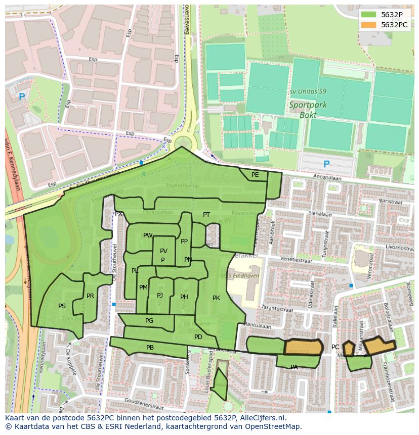 Afbeelding van het postcodegebied 5632 PC op de kaart.