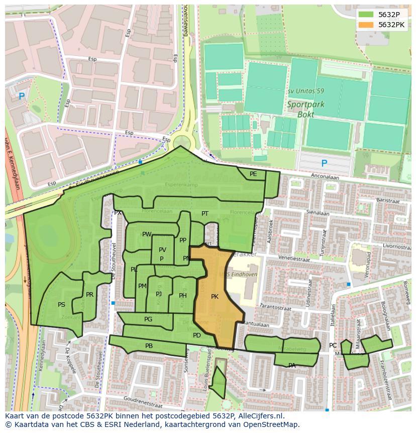 Afbeelding van het postcodegebied 5632 PK op de kaart.