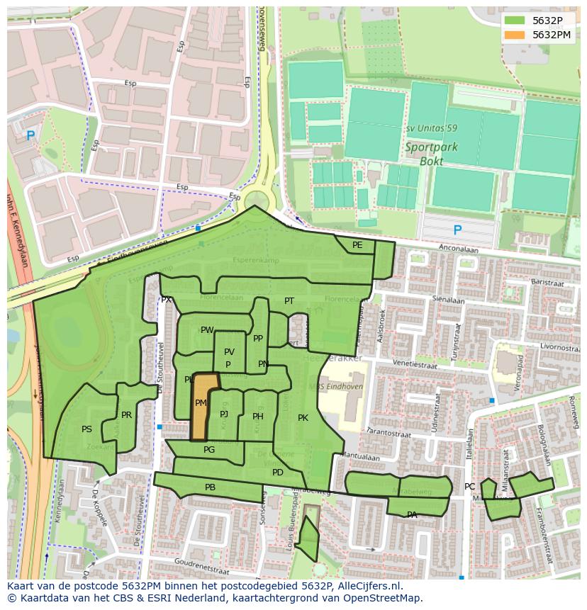Afbeelding van het postcodegebied 5632 PM op de kaart.