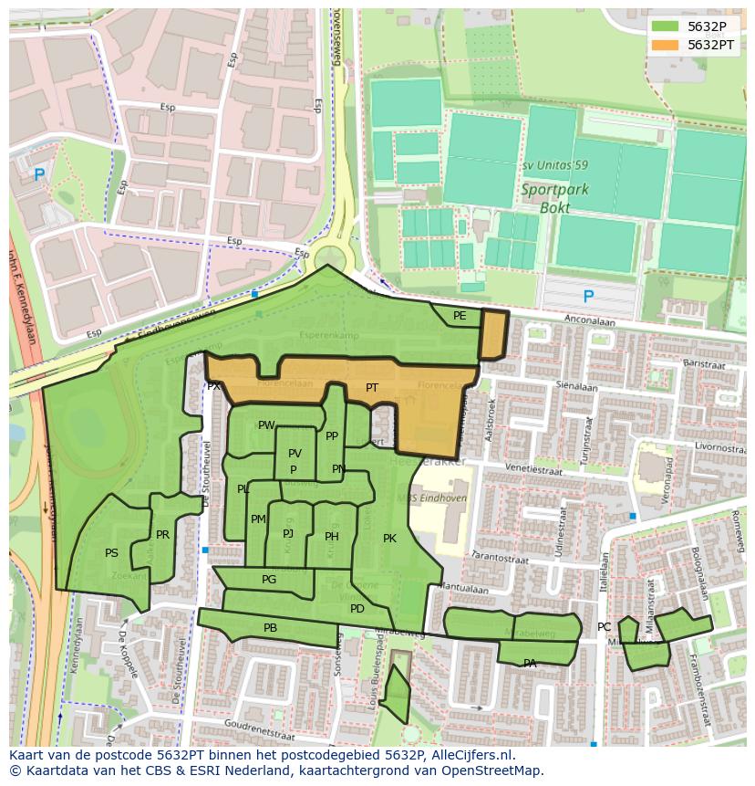 Afbeelding van het postcodegebied 5632 PT op de kaart.