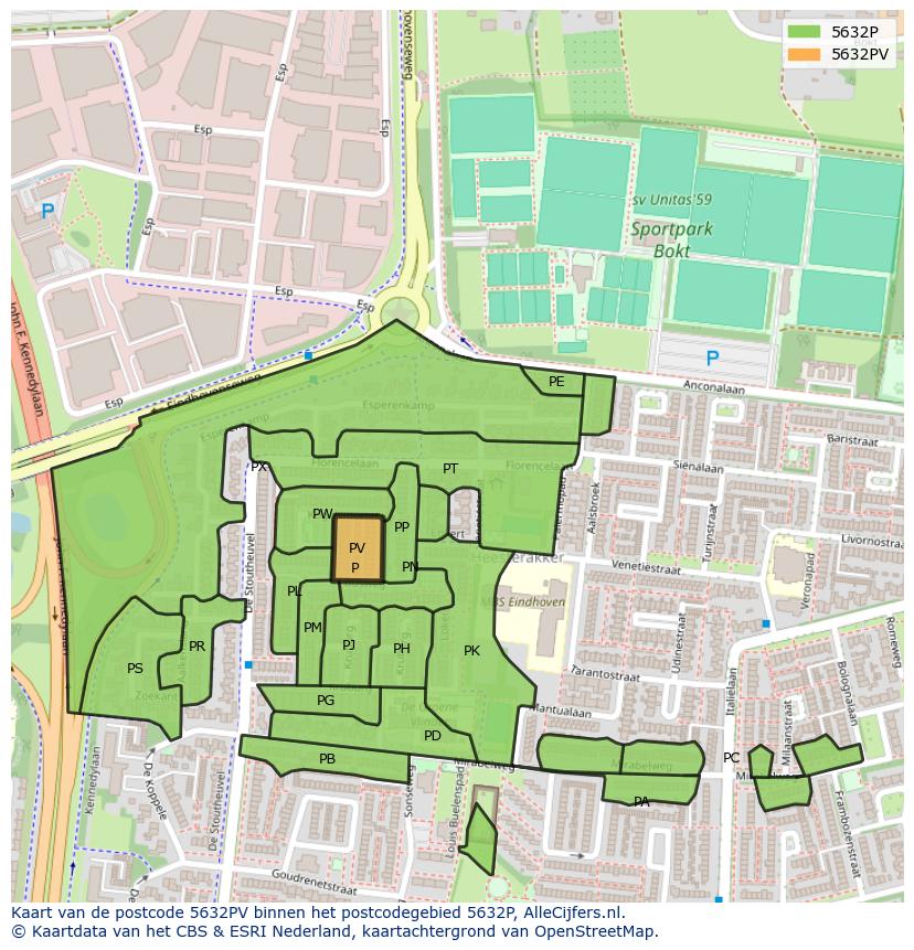 Afbeelding van het postcodegebied 5632 PV op de kaart.