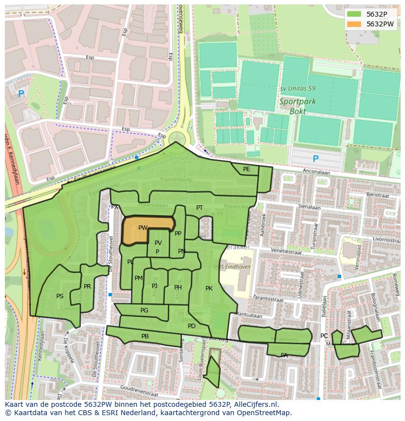 Afbeelding van het postcodegebied 5632 PW op de kaart.