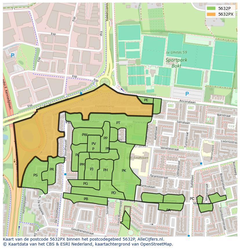 Afbeelding van het postcodegebied 5632 PX op de kaart.