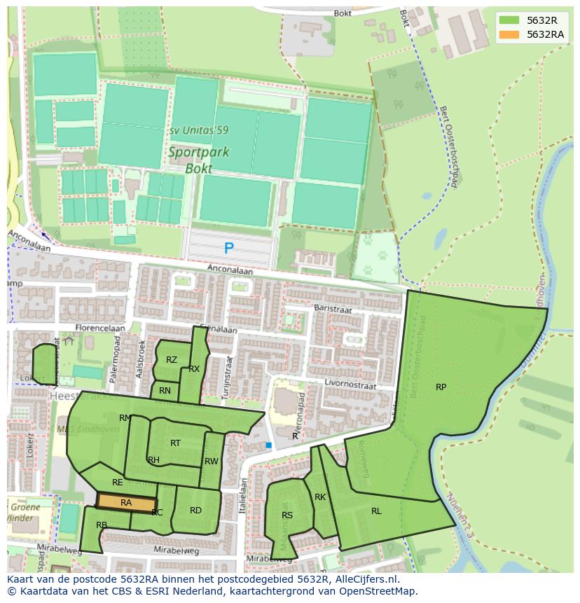 Afbeelding van het postcodegebied 5632 RA op de kaart.