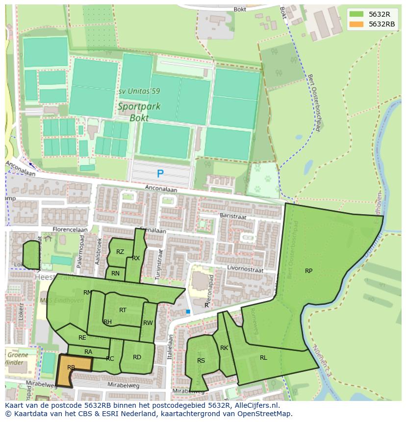 Afbeelding van het postcodegebied 5632 RB op de kaart.
