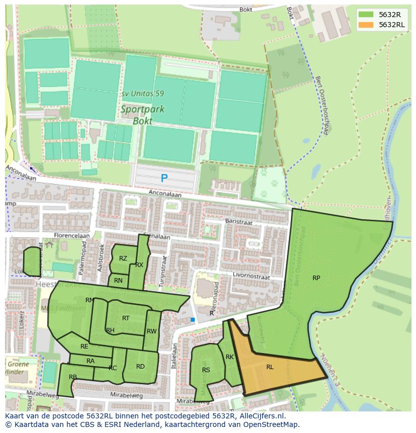Afbeelding van het postcodegebied 5632 RL op de kaart.
