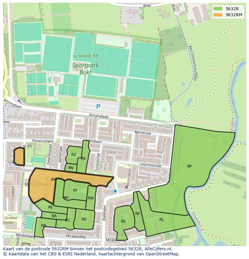 Afbeelding van het postcodegebied 5632 RM op de kaart.