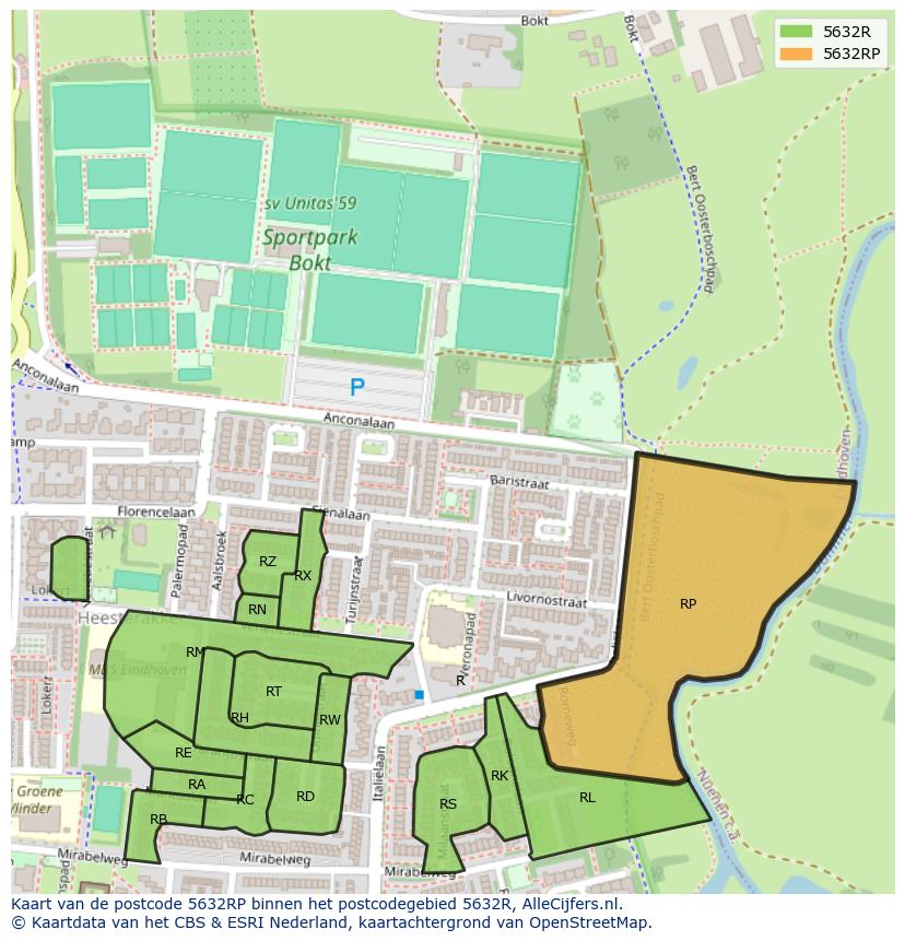 Afbeelding van het postcodegebied 5632 RP op de kaart.