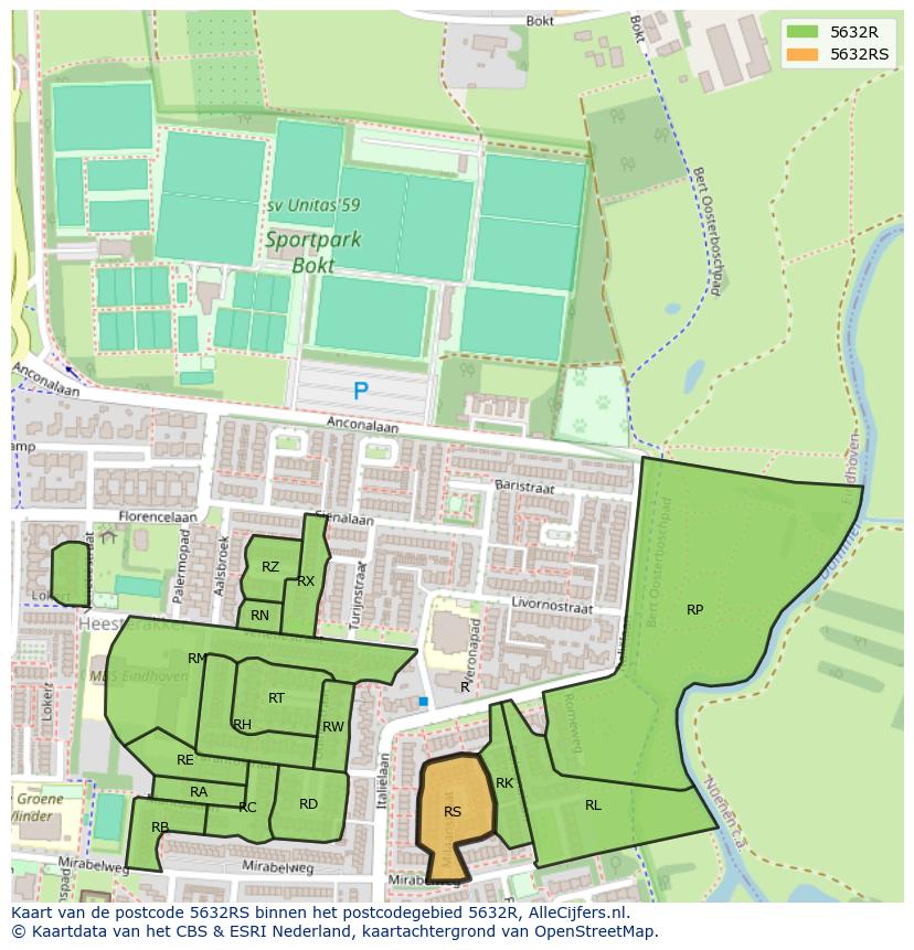 Afbeelding van het postcodegebied 5632 RS op de kaart.