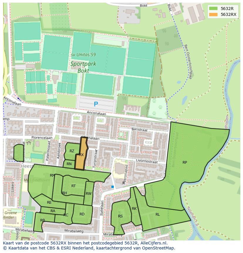 Afbeelding van het postcodegebied 5632 RX op de kaart.