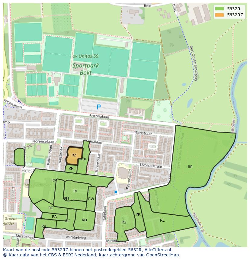 Afbeelding van het postcodegebied 5632 RZ op de kaart.
