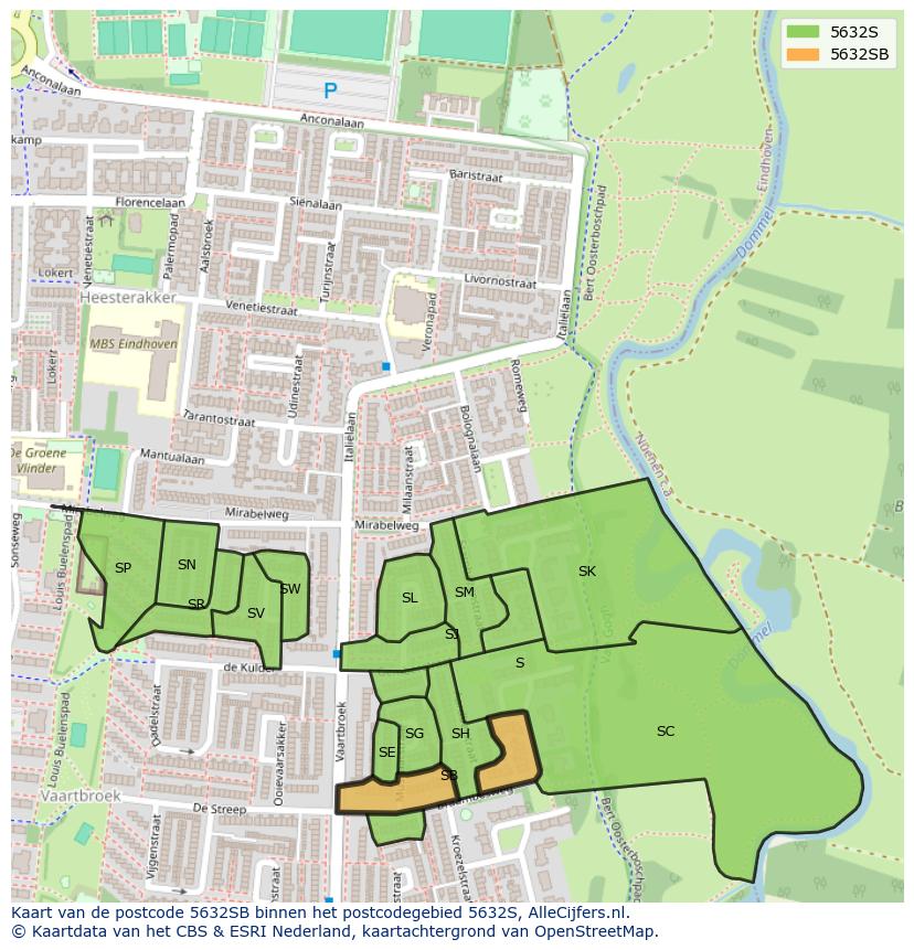 Afbeelding van het postcodegebied 5632 SB op de kaart.