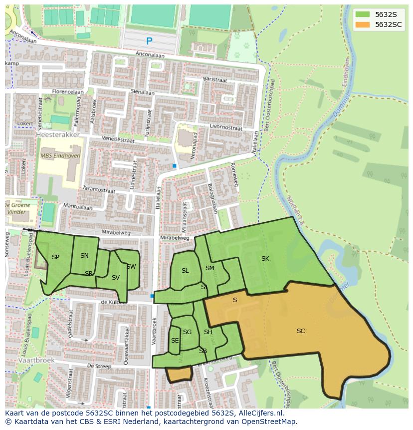 Afbeelding van het postcodegebied 5632 SC op de kaart.