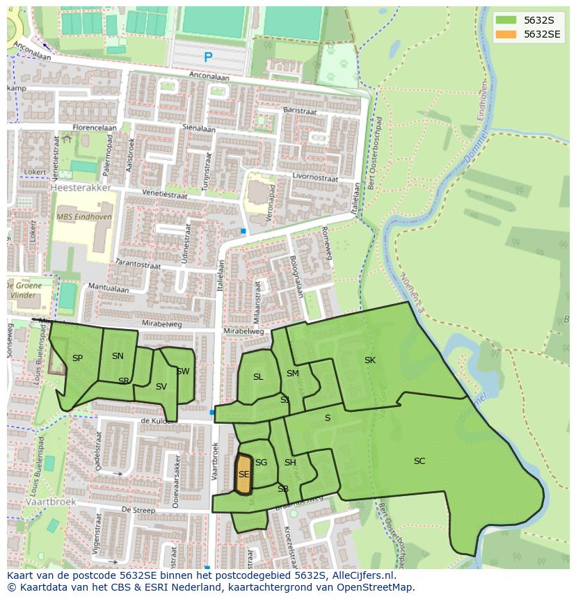 Afbeelding van het postcodegebied 5632 SE op de kaart.