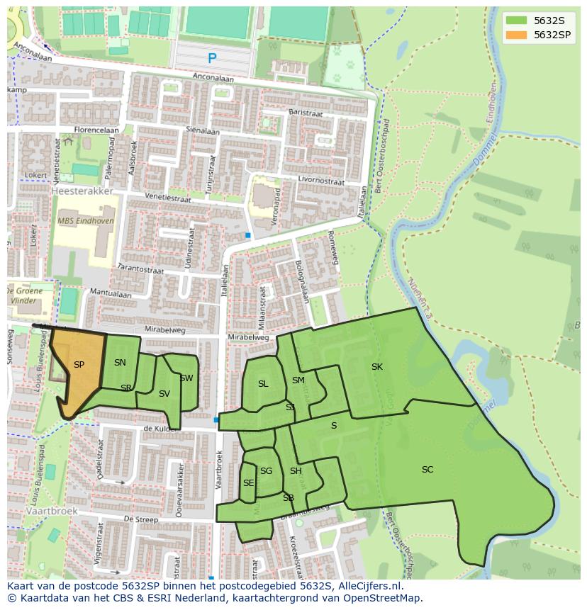 Afbeelding van het postcodegebied 5632 SP op de kaart.