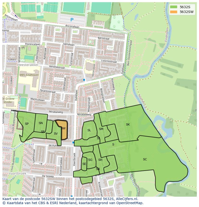 Afbeelding van het postcodegebied 5632 SW op de kaart.