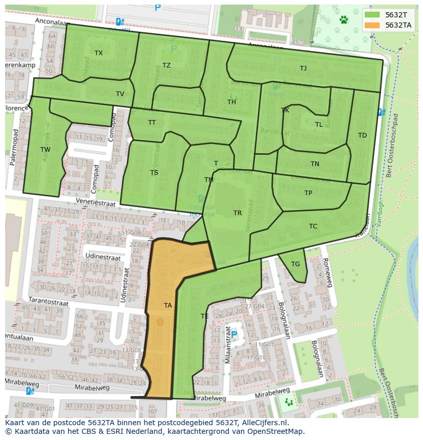 Afbeelding van het postcodegebied 5632 TA op de kaart.